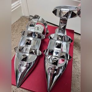 Valentino Roman Stud Metallic Ankle-Strap Ballerina Flats